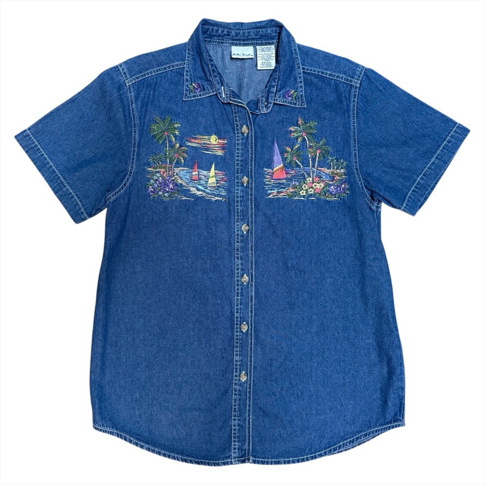 Vintage Bobbie Brooks Denim Shirt Womens M Embroidered Tropical Cotton Button Up